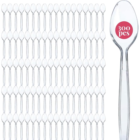 300 Clear Plastic Spoons Bulk - Plastic Silverware Spoons - Plastic Spoon Heavy Duty Cutlery - Disposable Spoons Flatware Pack - Plastic Utensil Set - Spoon Plastic Disposable Silverware
