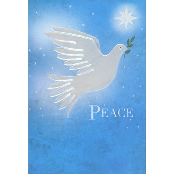 Pictura Single Embossed White Dove with Olive Branch Flying in Blue Starry Sky Christmas Card