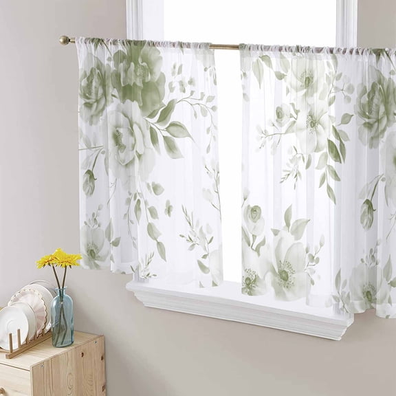 Green Floral Art Semi Sheer Curtains 45 Inch Length 2 Panels Set, Watercolor Botanical Spring Flowers Sheer Kitchen Curtain Privacy Voile Window Curtain for Living Room Bedroom Rod Pocket Drapes