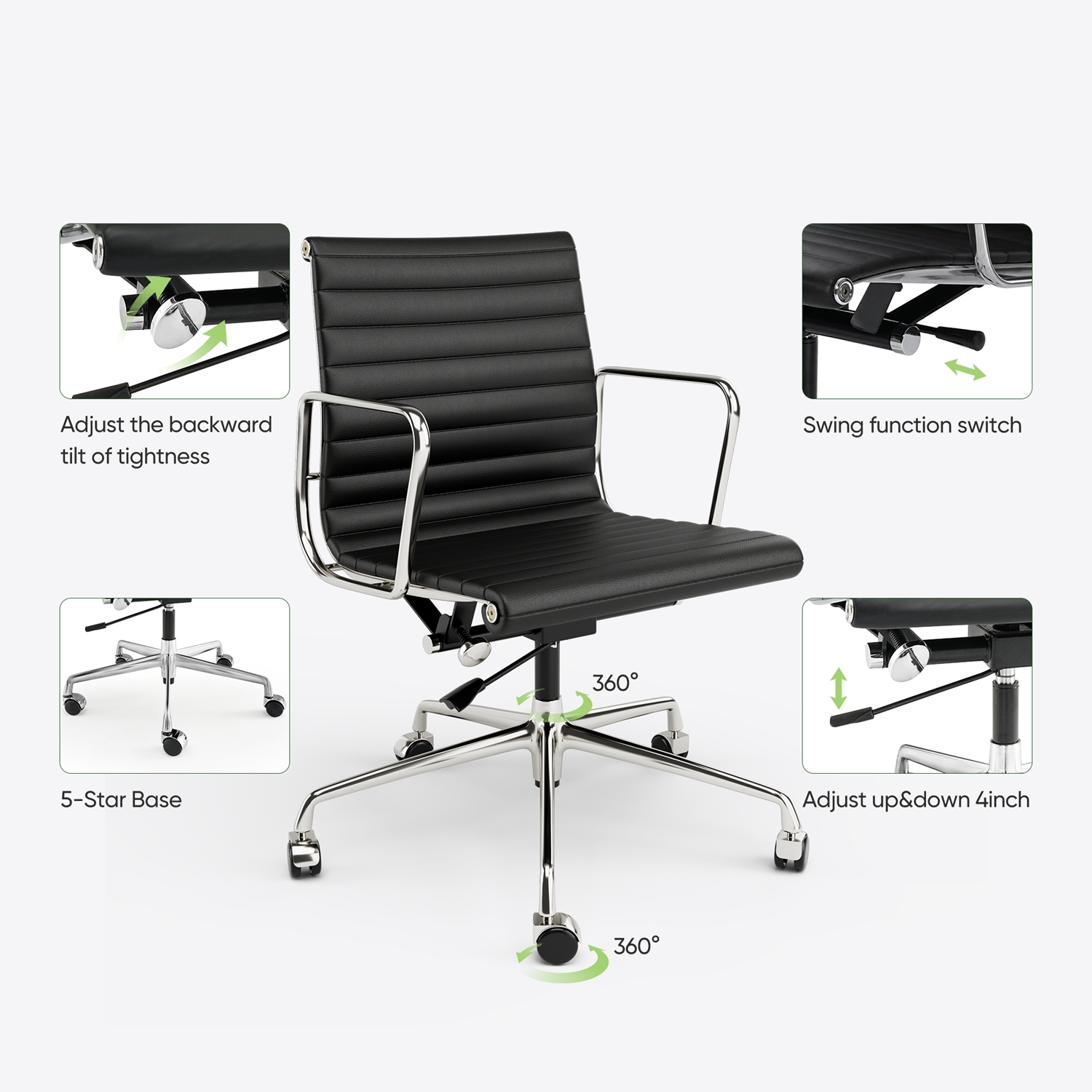 Mid Back Office Chair Ergonomic Office Chair Swivel Leather Task Chair with Lumbar Support,Adjustable Height,Black