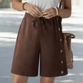 thumbnail image 2 of Women's Solid Color Casual 5-Inch Inseam Shorts, Mid Rise Elastic Waistband with Button Closure, Lightweight Relaxed Fit for Summer Outings, Lounging, or Beach Days, | CSEONE,Coffee 2XL, 2 of 9