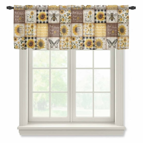 Sunflowers Valance Curtains for Kitchen/Living Room/Bathroom/Bedroom Window, Rod Pocket Small Topper Half Short Window Curtains Voile Sheer Scarf, Retro Country Butterfly Bee Floral Plaid 42"x18"