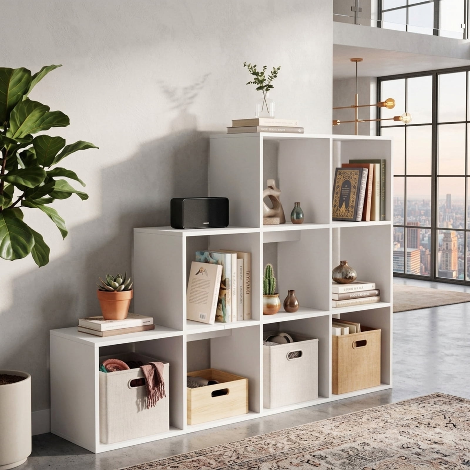 Furnibear 4-Tier Tall White Bookshelf with 10 Open Cubes Anti-Tipping Kits and Screw Hole Covers for Home Office and Living Room, White