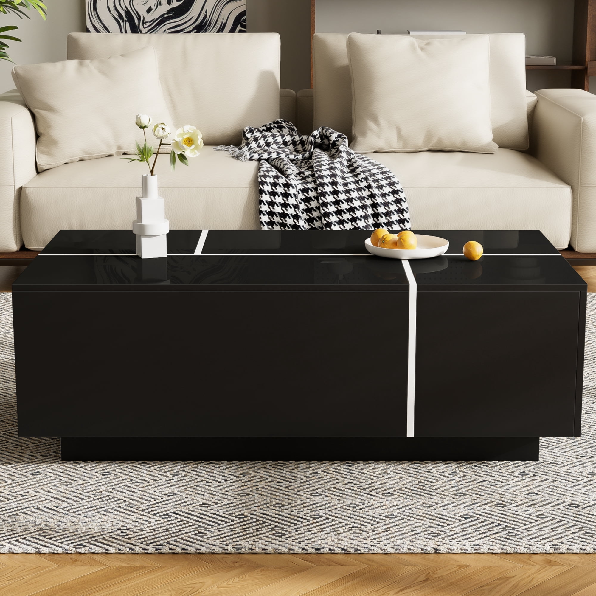 Extendable Coffee Table with 2 Hidden Storage Space and 2 Drawers,Modern Multi-Functional Coffee Table with High-Gloss Finish for Living Room,Black