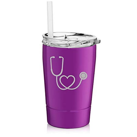 

12 oz Tumbler Double Wall Stainless Steel Vacuum Insulated Coffee Travel Mug With Straw Heart Stethoscope Nurse Doctor (Purple)