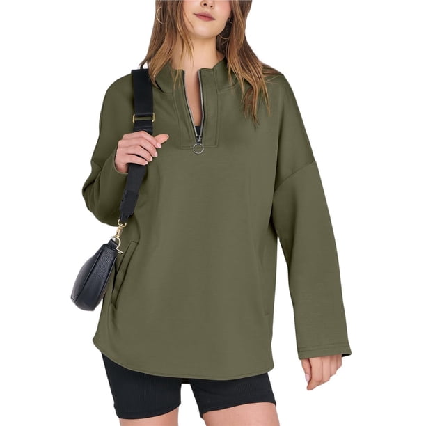 Sudadera con Capucha Oversize para Mujer, con Cremallera de un Cuarto, Estilo Túnica, Ideal para Otoño e Invierno Ropa y Elegante Verde L