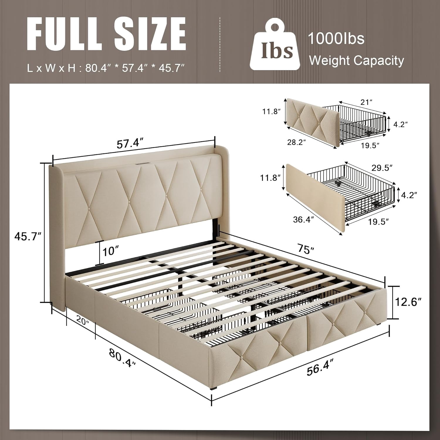 iPormis Full Size Bed Frame with Charging Station , Upholstered Bed with 4 Storage Drawers, Beige