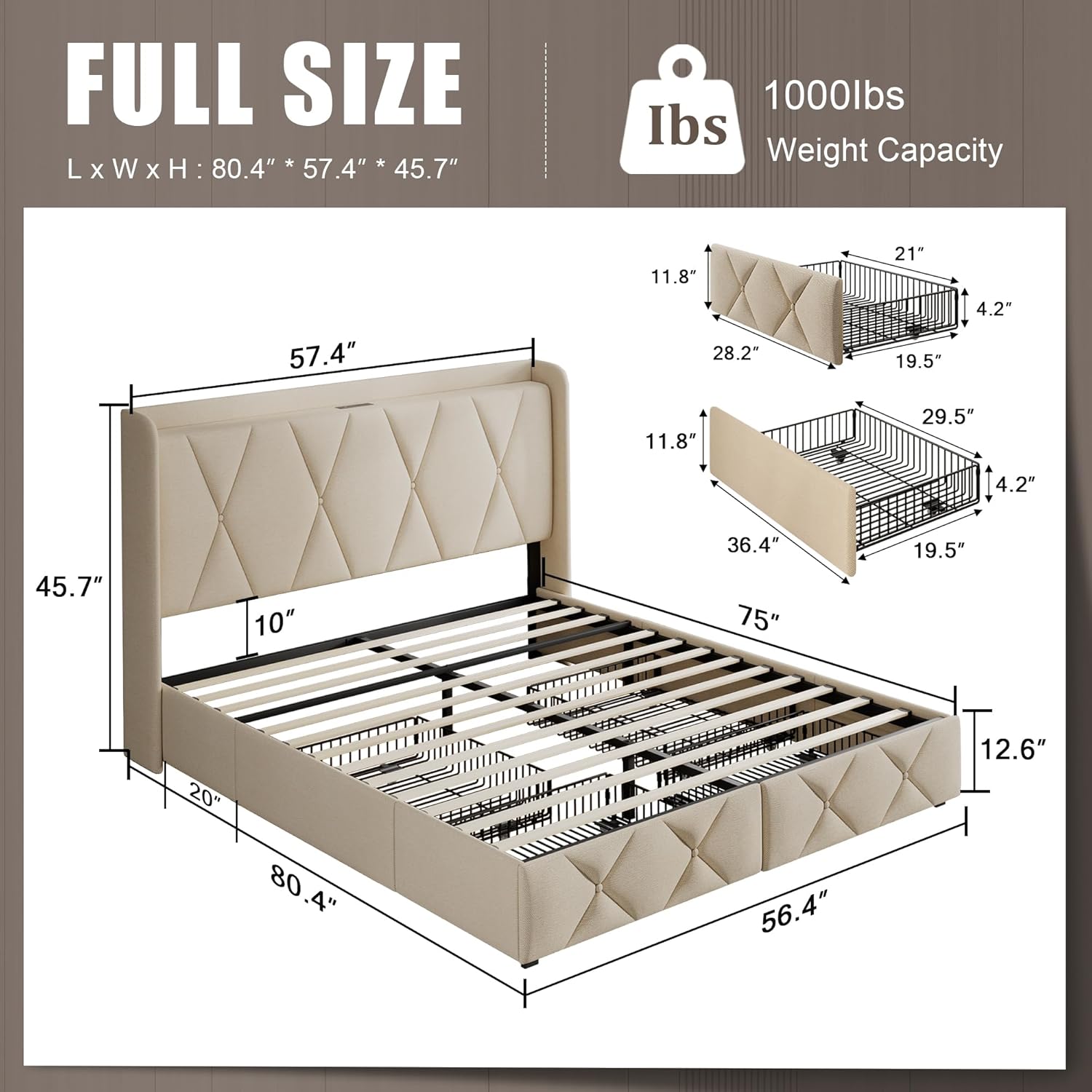 iPormis Full Upholstered Bed Frame with 4 Storage Drawers and USB Charging, Beige photo 6