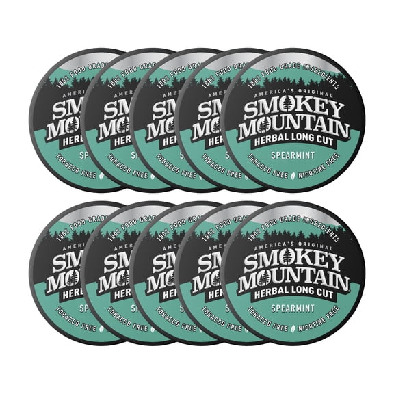 Smokey Mountain Herbal Long Cut – Spearmint – 10 Can Box - Tobacco Free and Nicotine Free Snuff