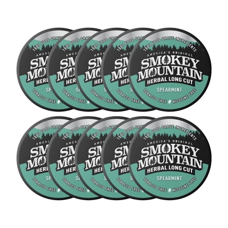 Smokey Mountain Herbal Long Cut – Spearmint – 10 Can Box - Tobacco Free and Nicotine Free Snuff