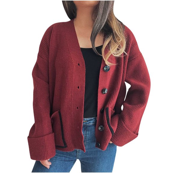 Lenpel Cardigan Sweaters for Women Casual Loose V Neck Long Sleeve Button down Sweater Jackets Knit Outwear Coats with Pockets(Wine,Small)