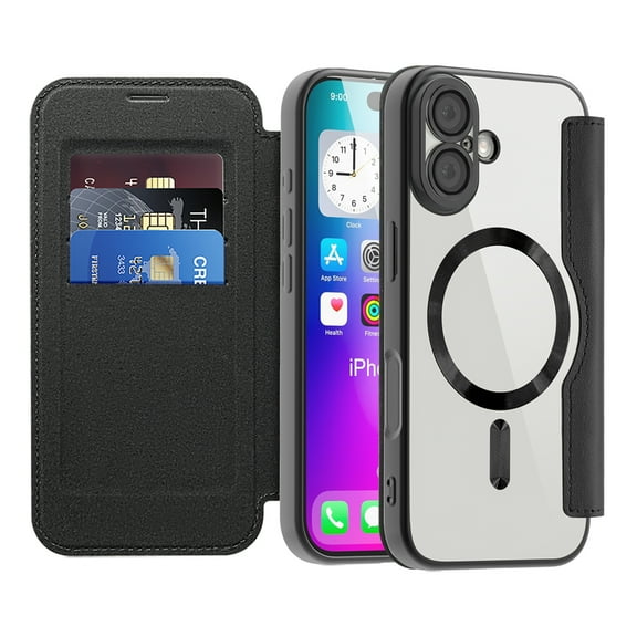 Dteck Leather Wallet Case for iPhone 17 with Card Holder RFID Blocking Compatible with Magsafe TPU Transparent Back Shockproof Protective Phone Case for iPhone 17,Black