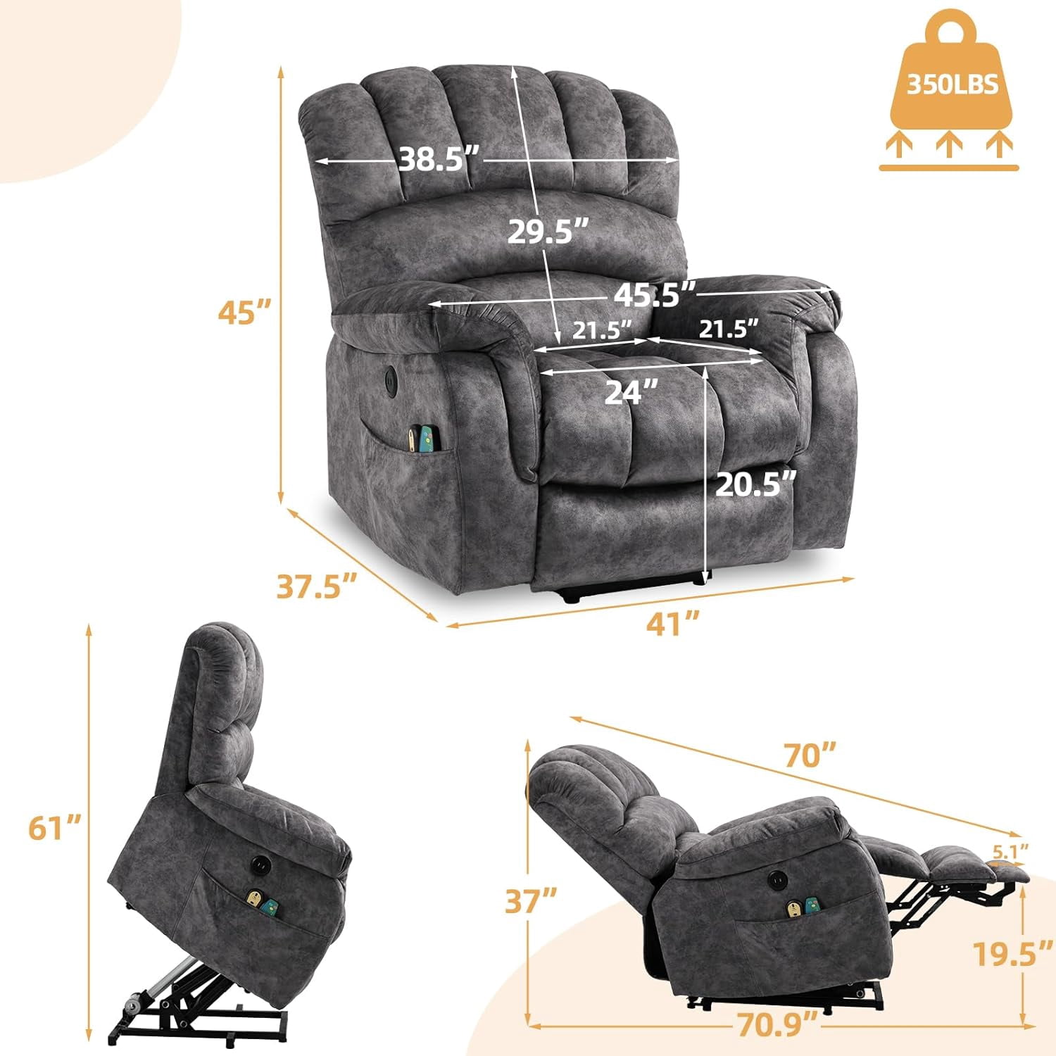 Large Electric Power Lift Chairs Recliners for Elderly Big Man with Massage and Heat, Oversized Wide Reclining Chairs for Living Room with Extended Footrest(Plush-Grey)