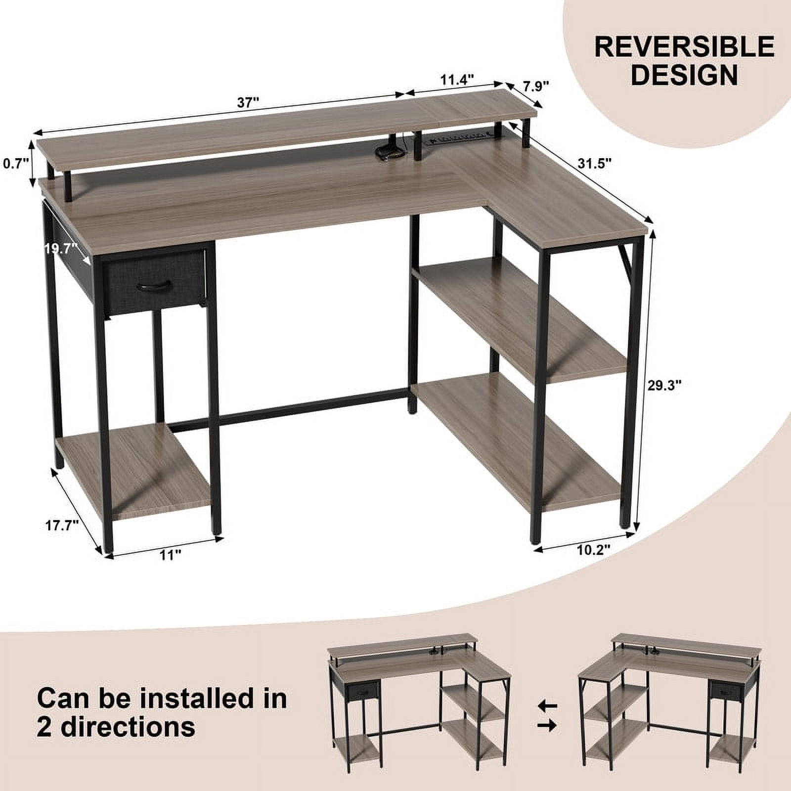 Vineego Reversible L-Shaped Desk with LED with Power Outlets and Shelves,Gray