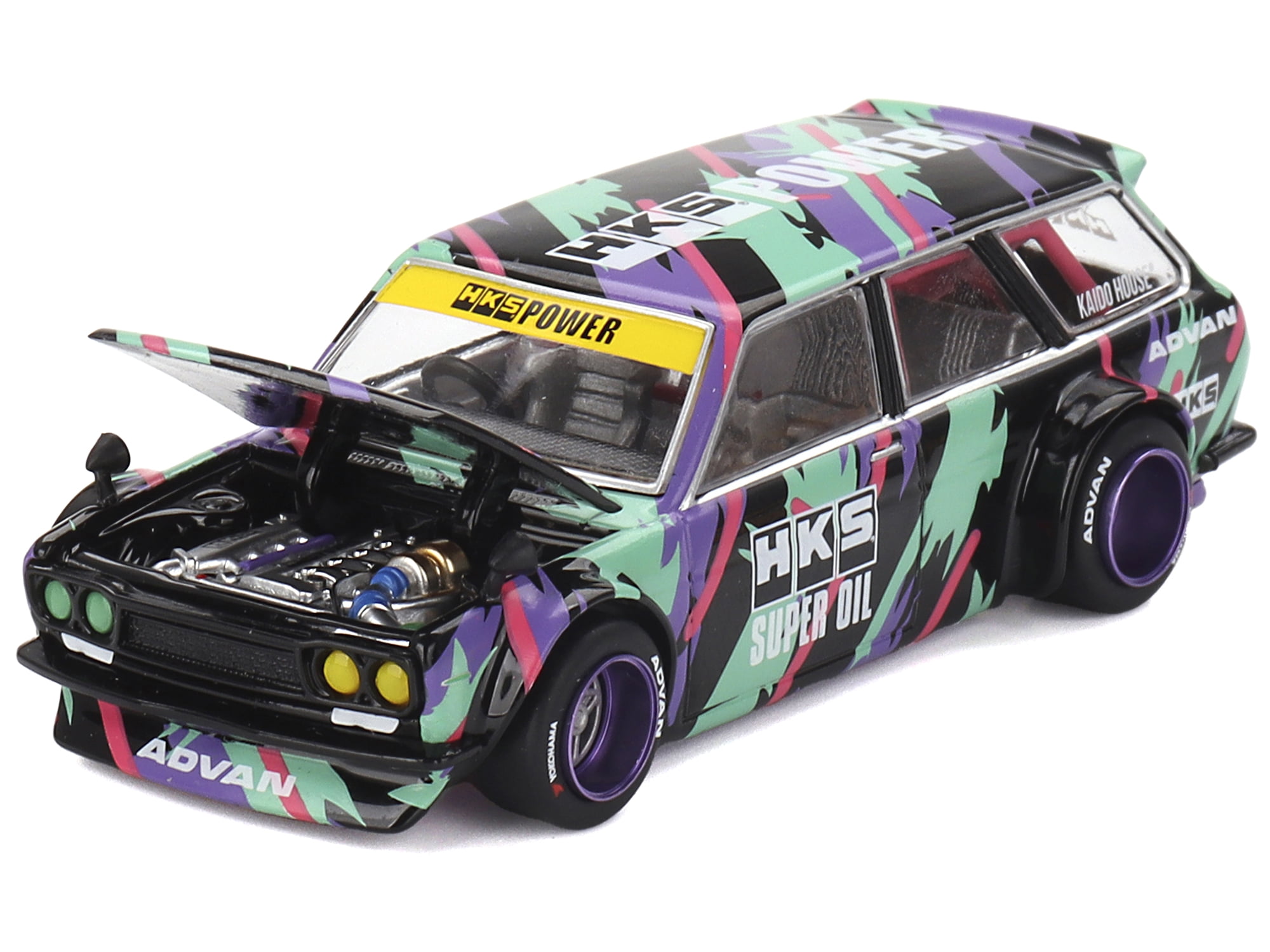 Datsun 510 Wagon RHD "HKS V1" Black with Graphics (Designed by Jun Imai) "Kaido House" Special 1/64 Diecast Model Car by Mini GT