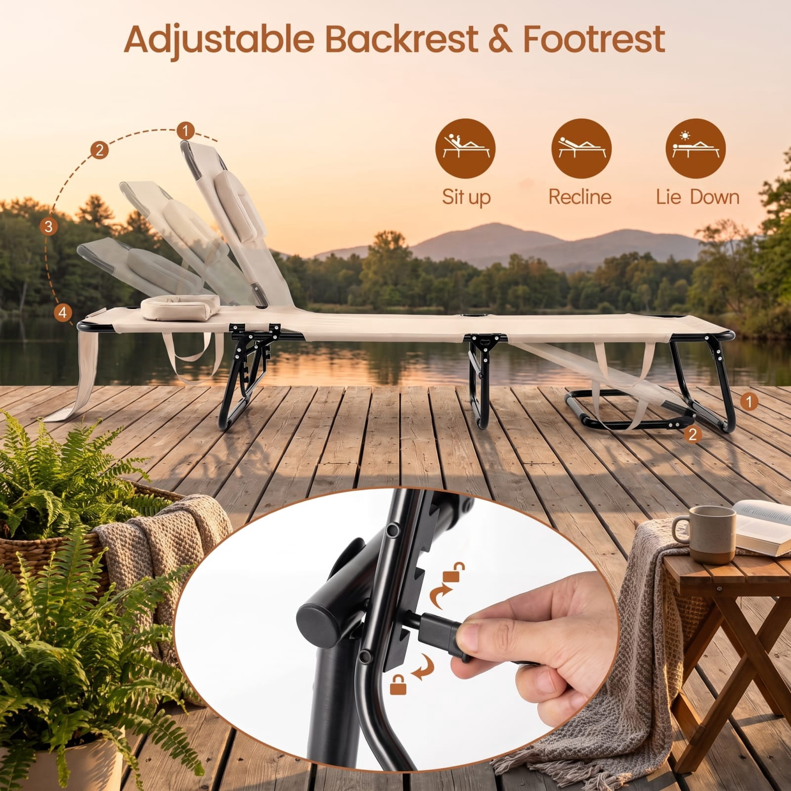 Furnibear Folding Patio Chair Solid Metal for Patio Porch Poolside Beige 330 lbs Capacity Weather-Resistant Outdoor Furniture