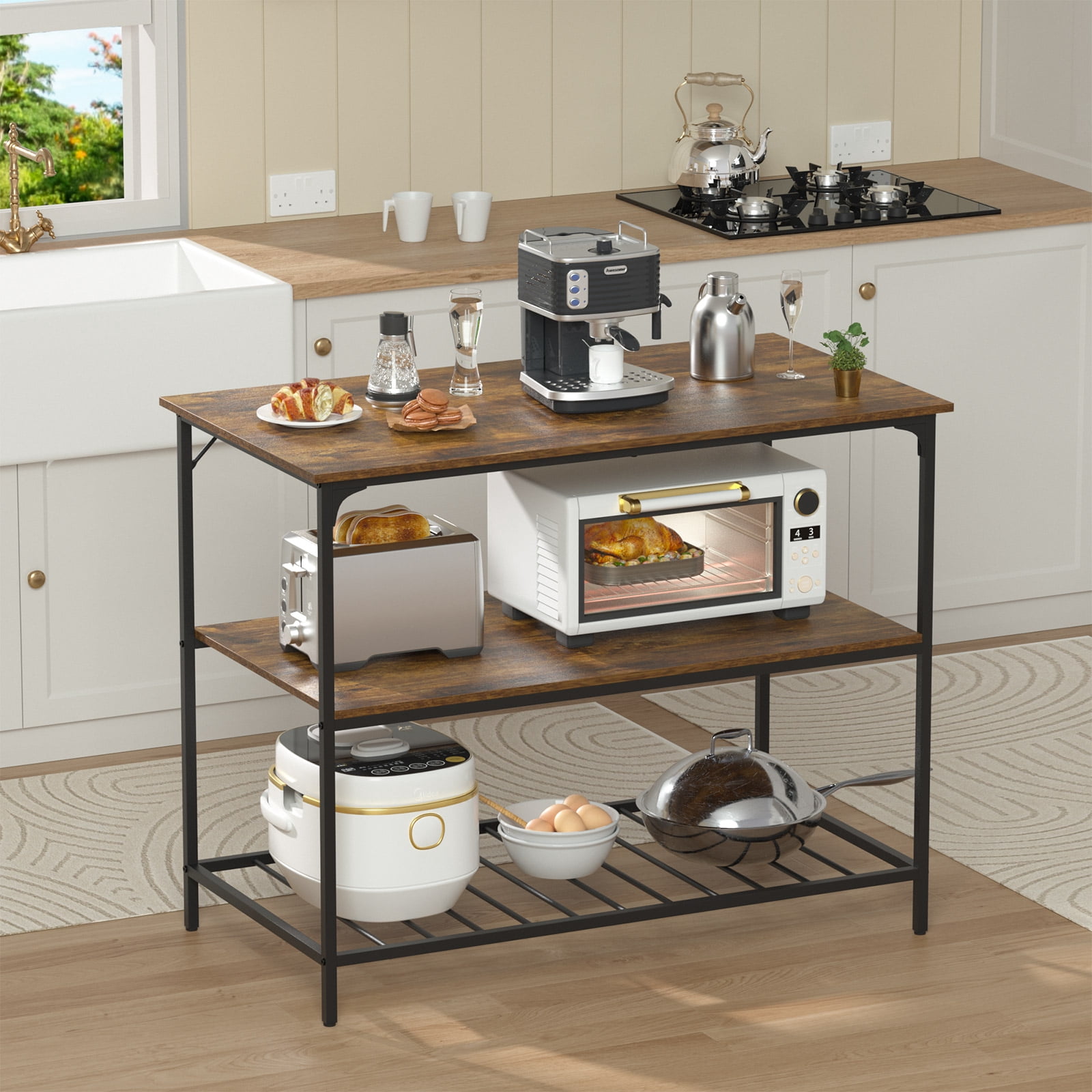 CL.HPAHKL 3 Tier Kitchen Island with Storage Shelves, Kitchen Counter Baker Rack for Baking & Organizing, Brown