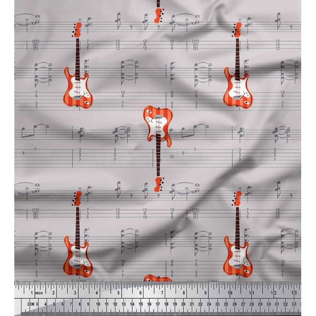 Soimoi Tissu Velours Gris Notes & Guitare Instrument de Musique Imprimé Tissu au Mètre 58 Pouces de Large