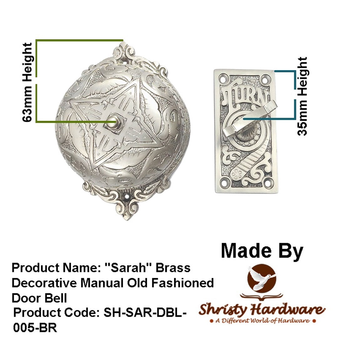 Shristy Hardware "Sarah" Brass Manual Old Fashioned Door Bell – Vintage Twist Bell with Key Plate – Mechanical Doorbell for Home – (Pack of 1 Satin Nickel Finish) - PT-2