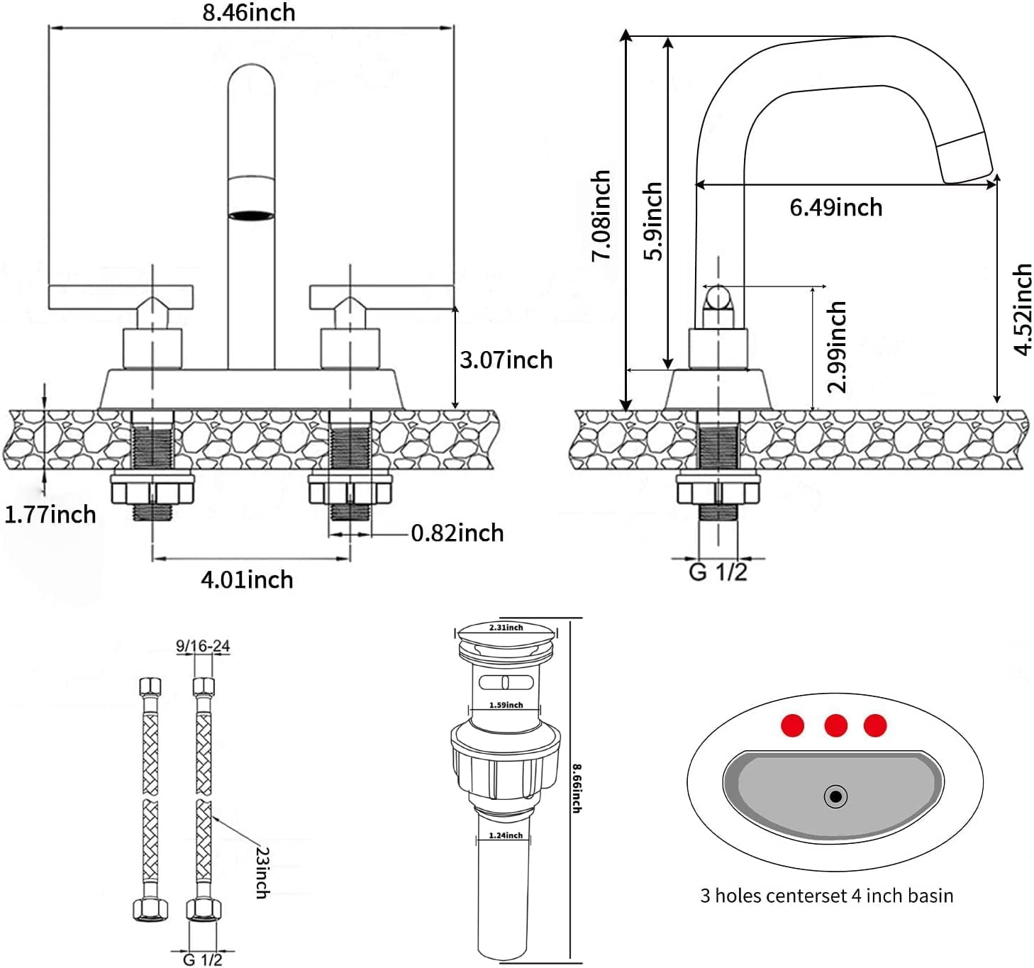 UMMH Brushed Nnickel GGStudy 2Handles 4 Inches Centerset Faucet
