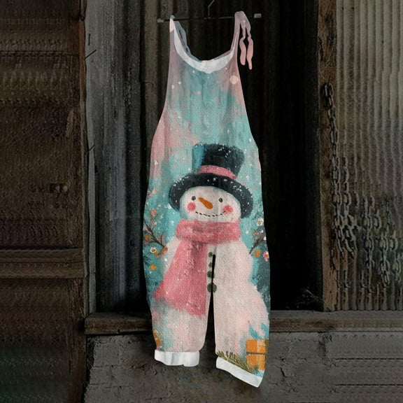 Women's Christmas Print Casual Loose Retro Suspender Cotton And Linen Jumpsuit, Blue, L