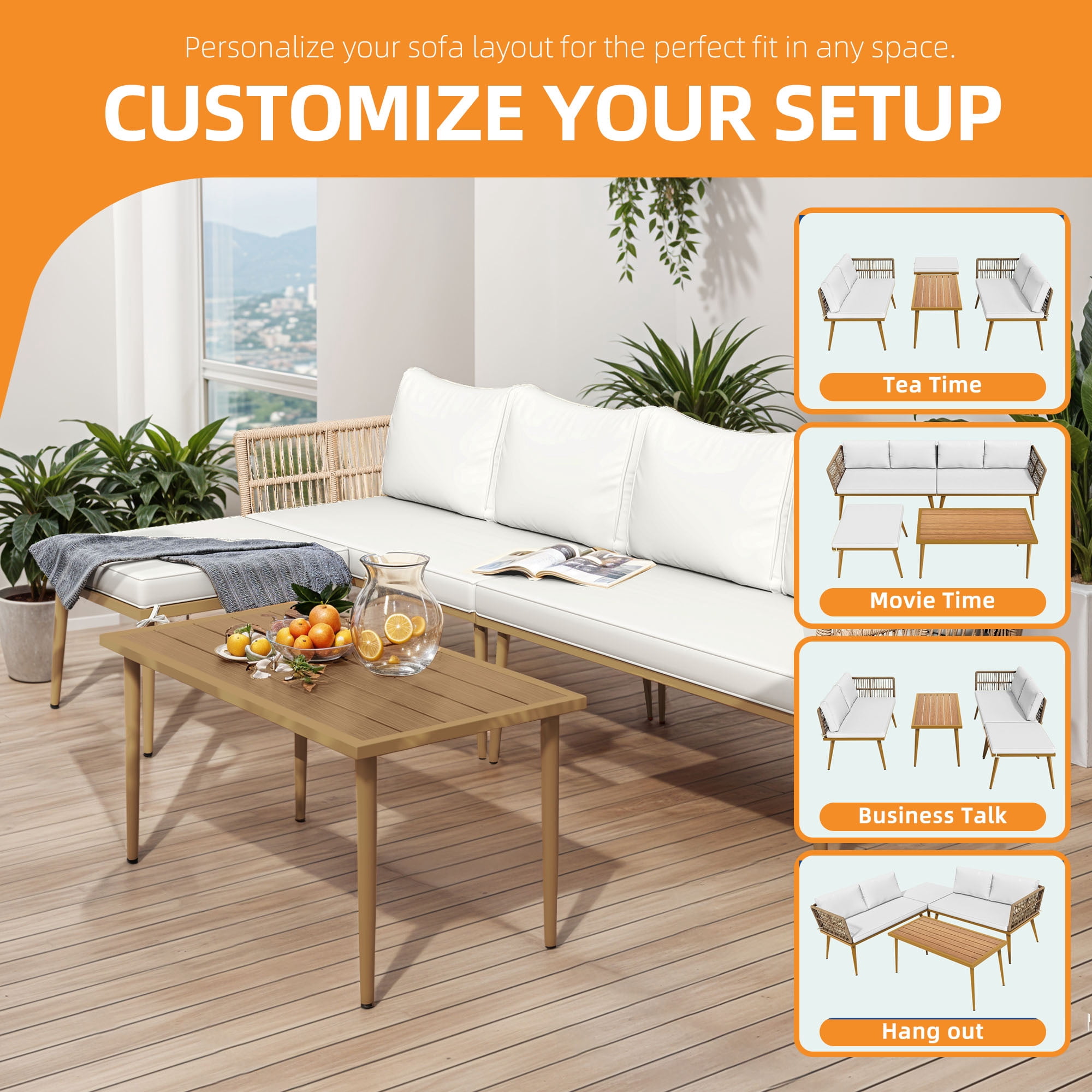 Craftian 4-Piece Outdoor Patio Conversation Set, Patio Furniture Set with Side Table - Beige