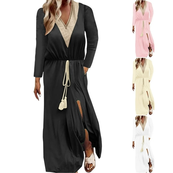 Antinious Plus Size Maxi Dresses for Women Casual Solid Color Long Sleeve V Neck High Waist Ankle Length with Slit Dress,Fall Winter Savings!Birthday Dresses for Women,Women Party Dress,Black,M