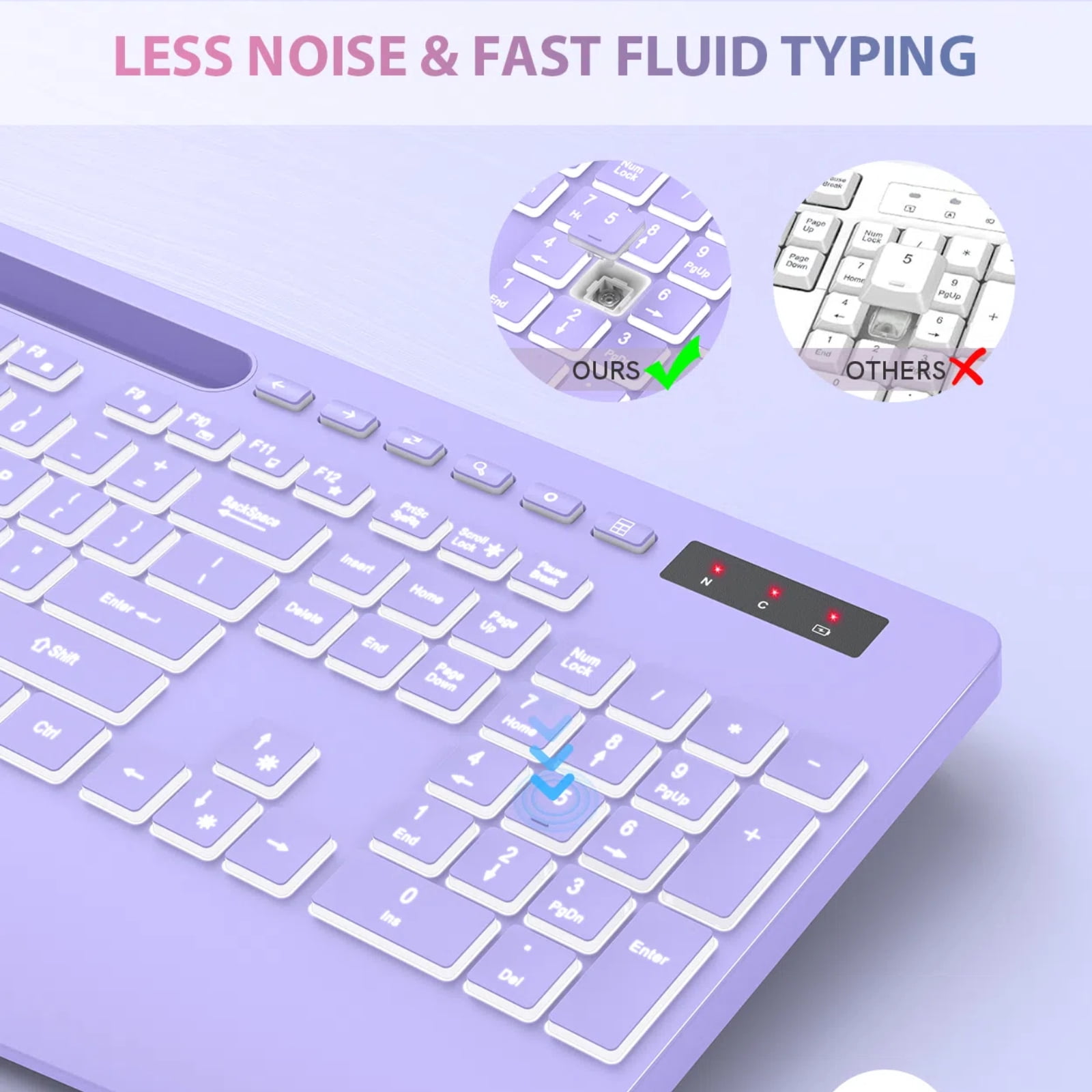 Wagpak Wireless Keyboard 7 Color Backlit Wrist Rest Rechargeable 112 Keys Quiet Keyboard-Purple