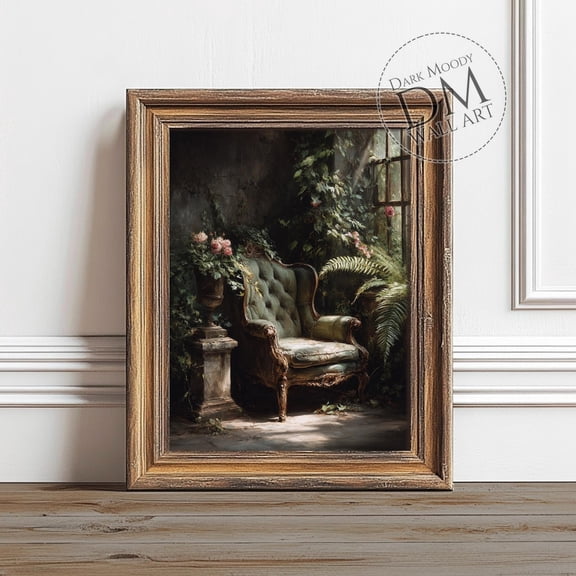 Vintage Green Chair With Roses, Dark Moody Wall Art, Romantic Cottagecore Garden Print, Wall Art, Modern Wall Decor, 8x12 UNFRAMED