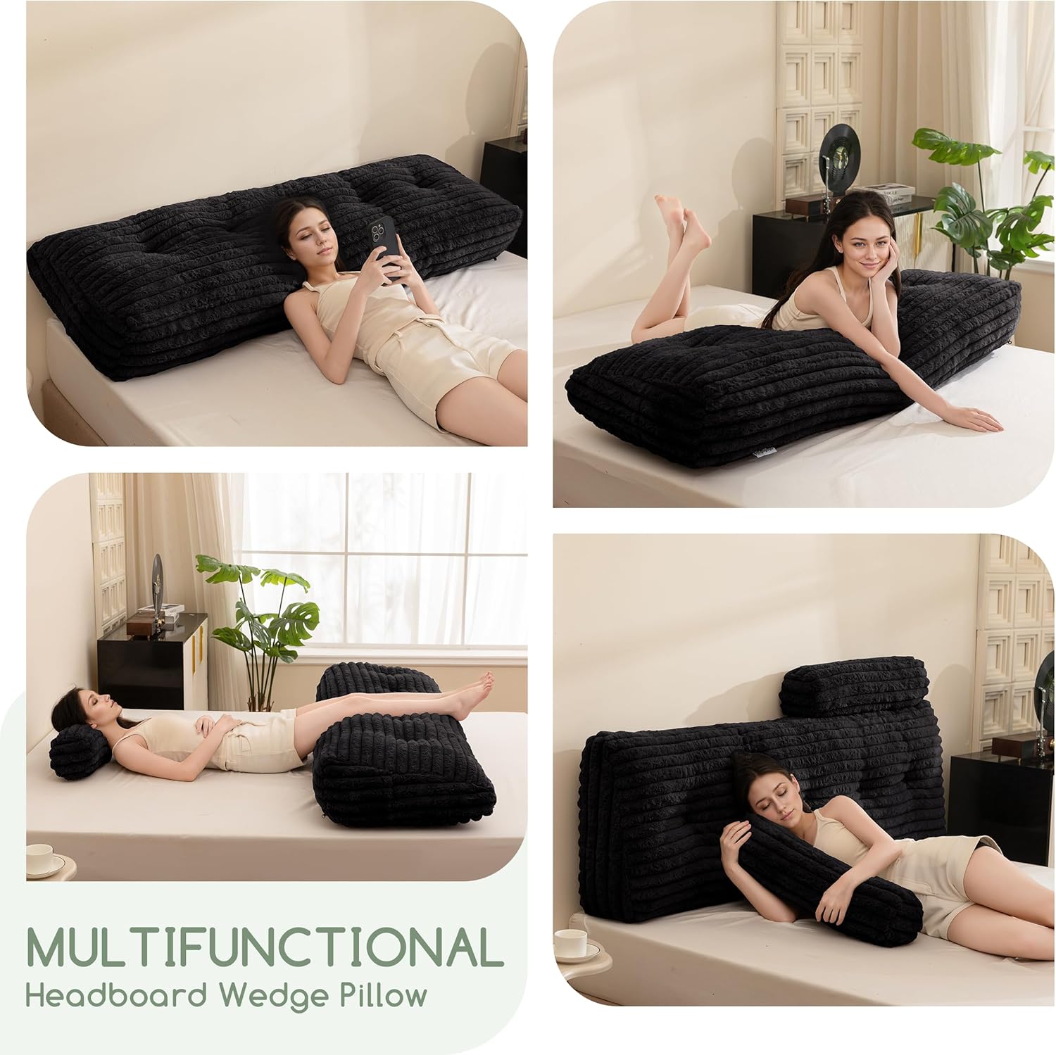 Triangular Headboard Wedge Pillow with 2 Cylindrical Pillows and Memory Foam Filling, Daybed Pillows for Sitting up, Reading or Working with Removable Cover,Queen 59.1"x19.7"