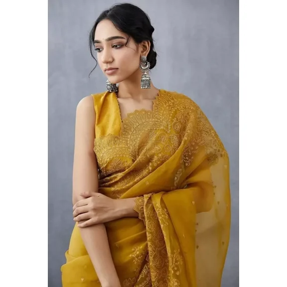 Sethi Trades Women's Handpicked Organza Saree with Dori Work, Hand Embroidery & Cutwork – Designer Wear