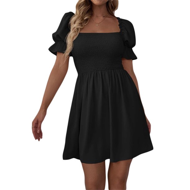 Txlixc Vestido de manga corta de mujer, cuello cuadrado, pliegue de pliegue Txlixc moda