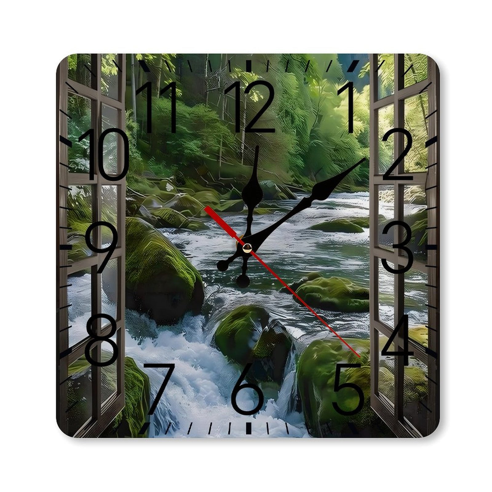 RKSupls 10 × 10 inch Square Silent Wall Clock Wooden Frame, Window View River Waterfall Scale