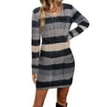 thumbnail image 3 of Women'S Striped Sweater Dress High Waist Knit Textured V Neck Long Sleeve Bodycon Dress Knit Mini Dress Gray S, 3 of 10
