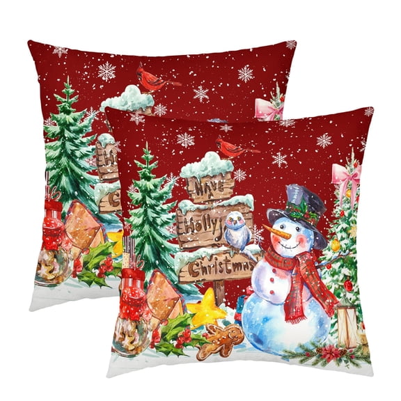 ABSOP Christmas Pillow Covers 16x16 Inch Set of 2 Snowman Xmas Trees Snowflake Bird Decorative Square Red Pillow Cases Winter Holiday Home Decor for Sofa Couch Porch Outdoor