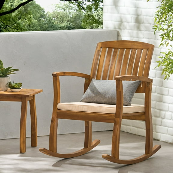 Desert Fields Dewitt Outdoor Acacia Rocking Chair with Cushion, Teak & White