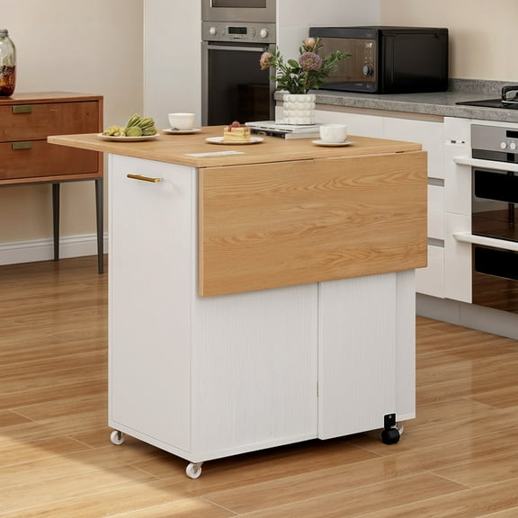 Uforic Kitchen Island with Drop Leaf, Kitchen Storage Cart with Power Outlets, Cabinet for 10-Gal Trash Bin, White