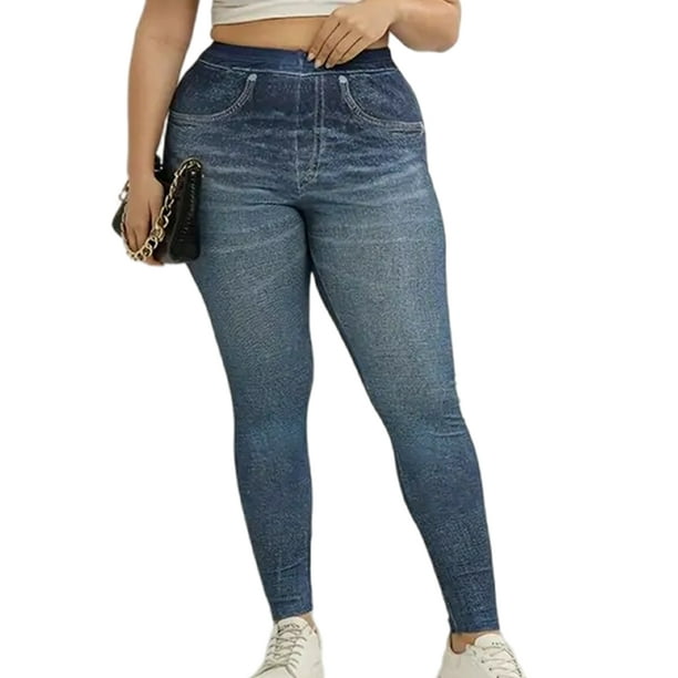 Avamo Ladies Faux Denim Pant High Waist Plus Size Leggings Skinny Fake  Jeans Slim Fit Jeggings Sport Pencil Pants Dark Blue XL