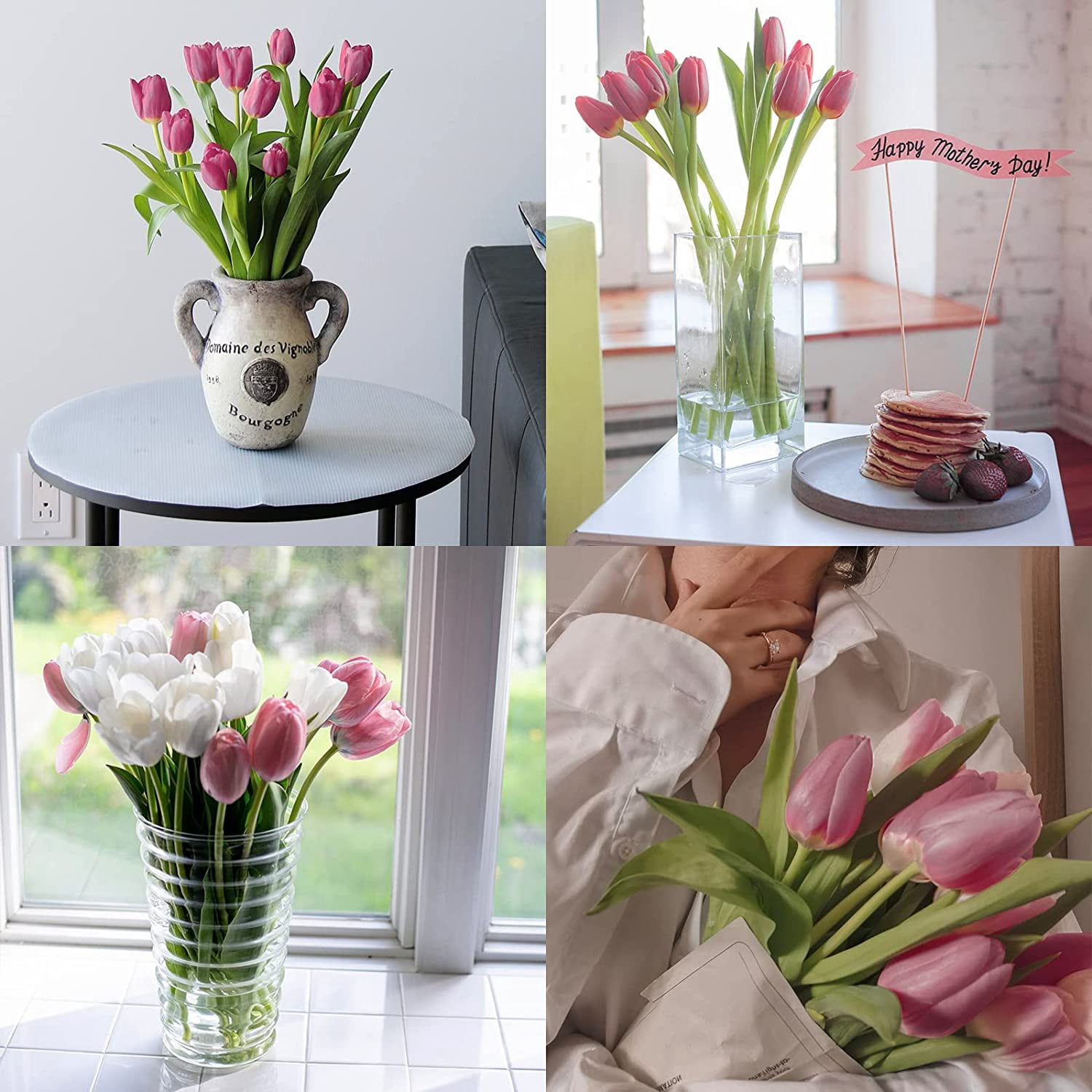 30Pcs Artificial Tulip Flowers Faux Tulip Stems PU Real Touch Tulips 13.7" for Spring Easter Vase Wedding Bouquets Floral Arrangements Wreath Table Centerpiece Indoor Outdoor Decoration (Pink)