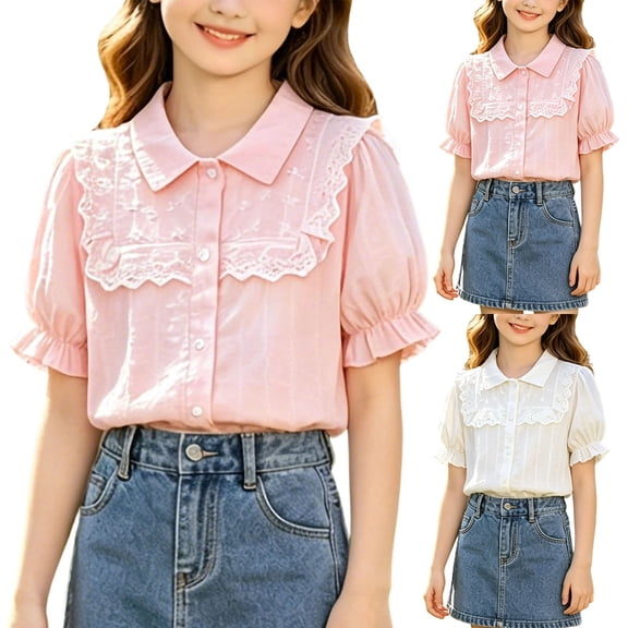 Miluxas Girls Lace Ruffle Peter Pan Collar Blouse, Puff Short Sleeve Button-Down Shirt, Cute Casual Top White 13 Years