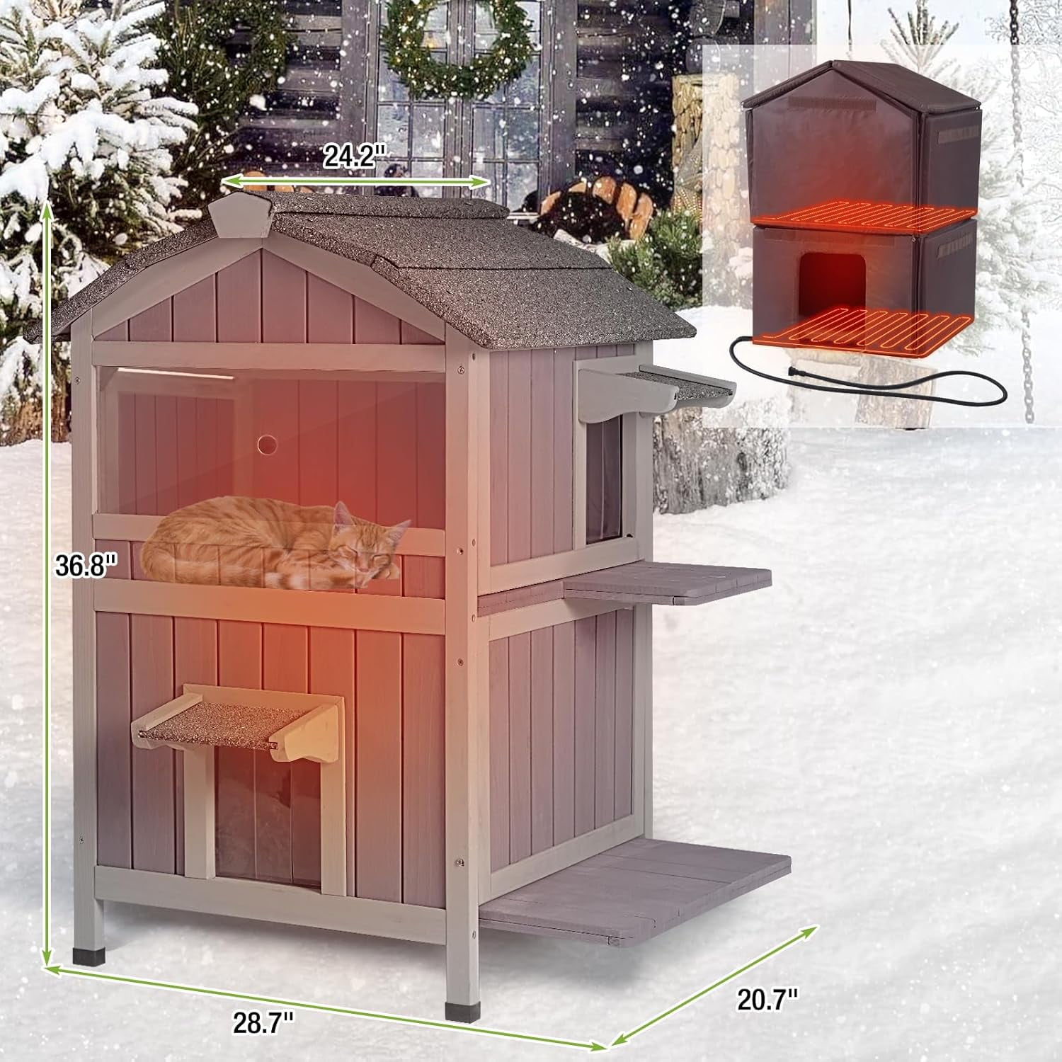 MEDEHOO Insulated Cat House for Outdoor Cats with Heated Liner Waterproof Kitty Shelter Keep Warm in Winter,Outside Feral Cat Cage