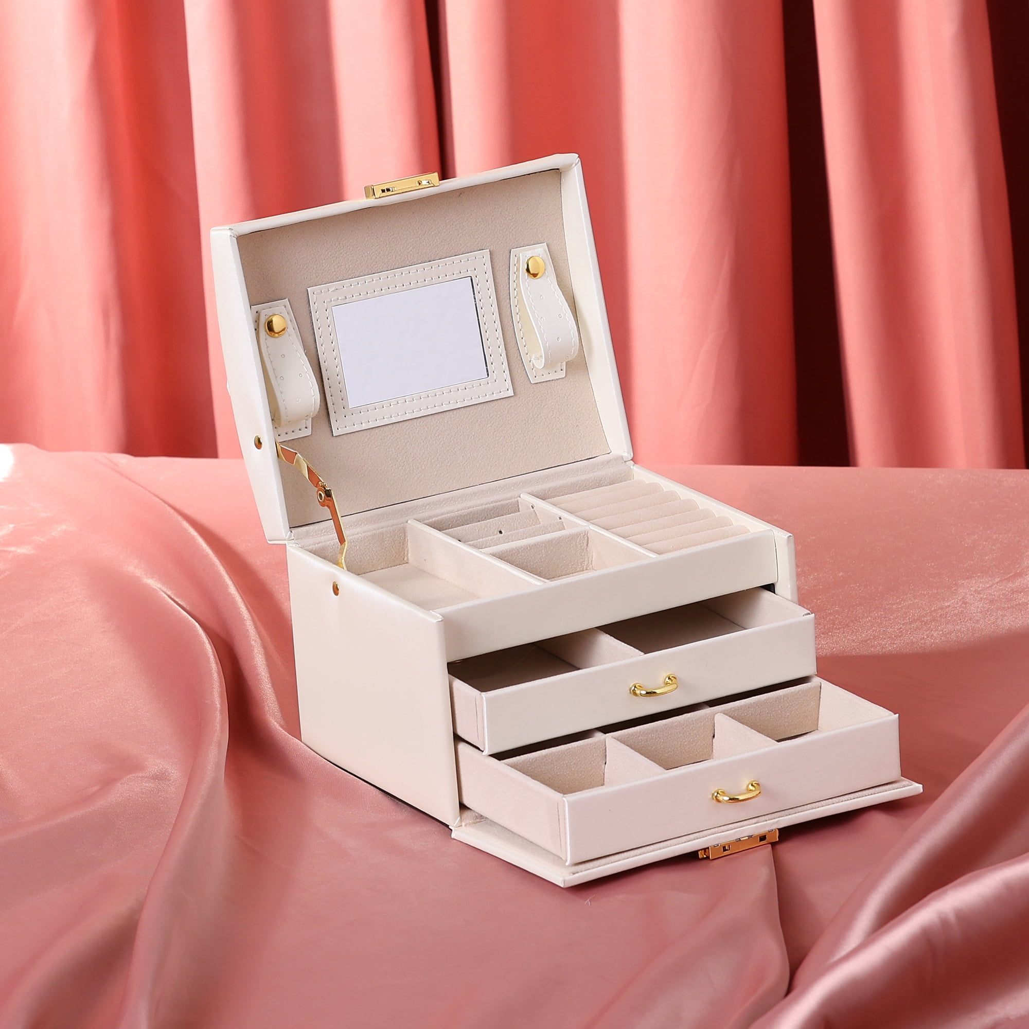 Unique Bargains 3 Layer Jewelry Box with Mirror for Women PU