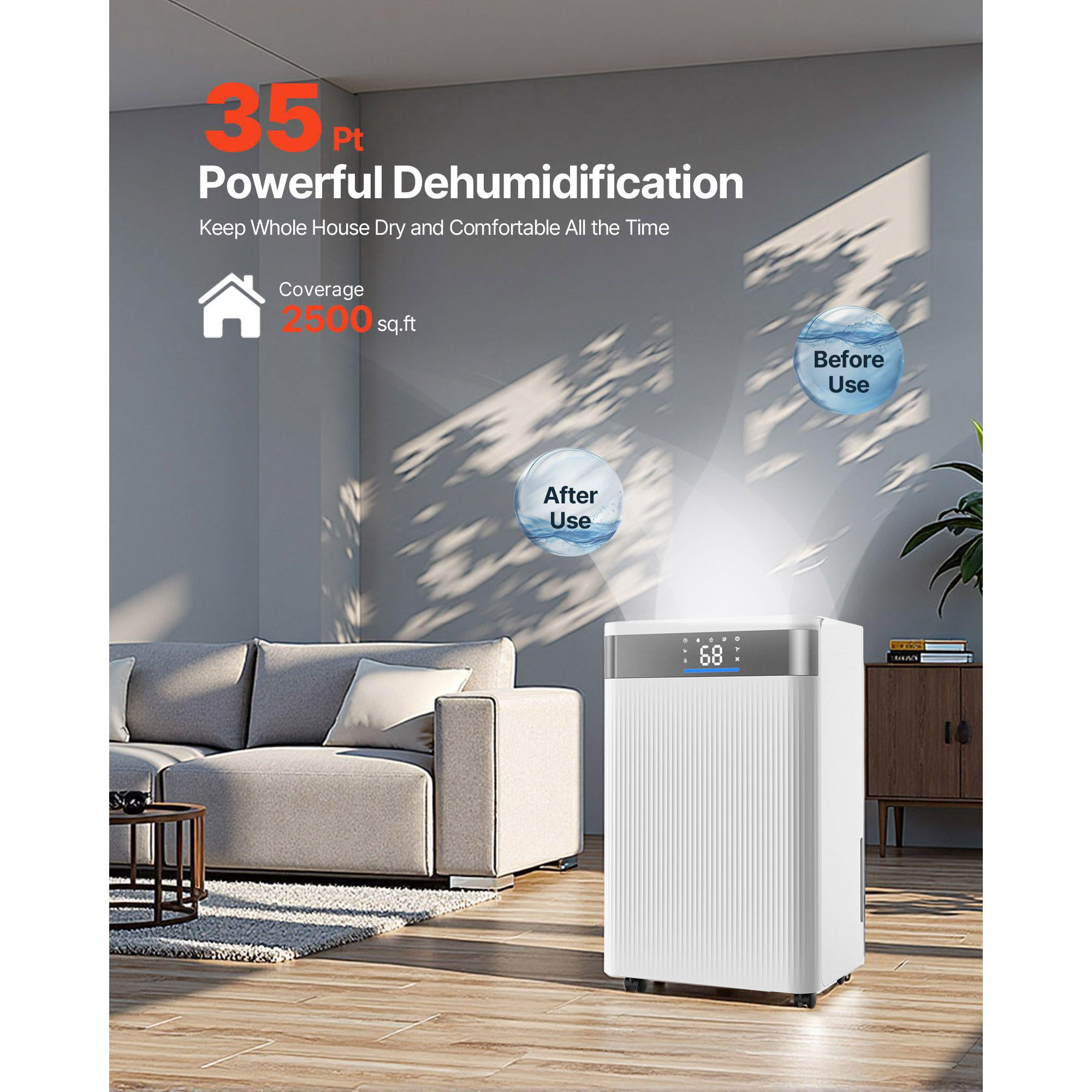 35 Pint Dehumidifier for Home Basement with Drain Hose Intelligent Humidity Control Low Noise Large Room Warehouse Bedroom Storage Room Coverage White
