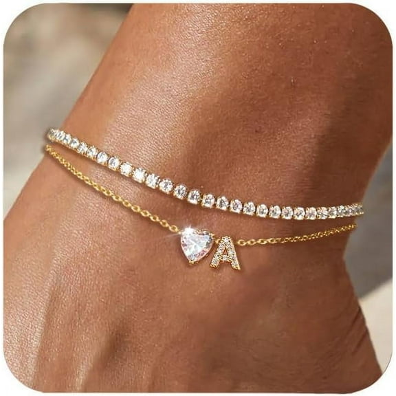 Gold Initial Ankle Bracelets for Women Waterproof 14K Gold Filled Layered Anklets for Women Non Tarnish Women's Anklets Adjustable Large Ankle Summer Beach Foot Jewelry