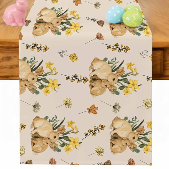 Easter Rabbits Table Runner 48 Inches Long for Kitchen Dining, Spring Yellow Flowers Country Plants Vintage Dresser Scarf Farmhouse, Dining Table Decorations for Wedding/Parties, 13 x 48 In