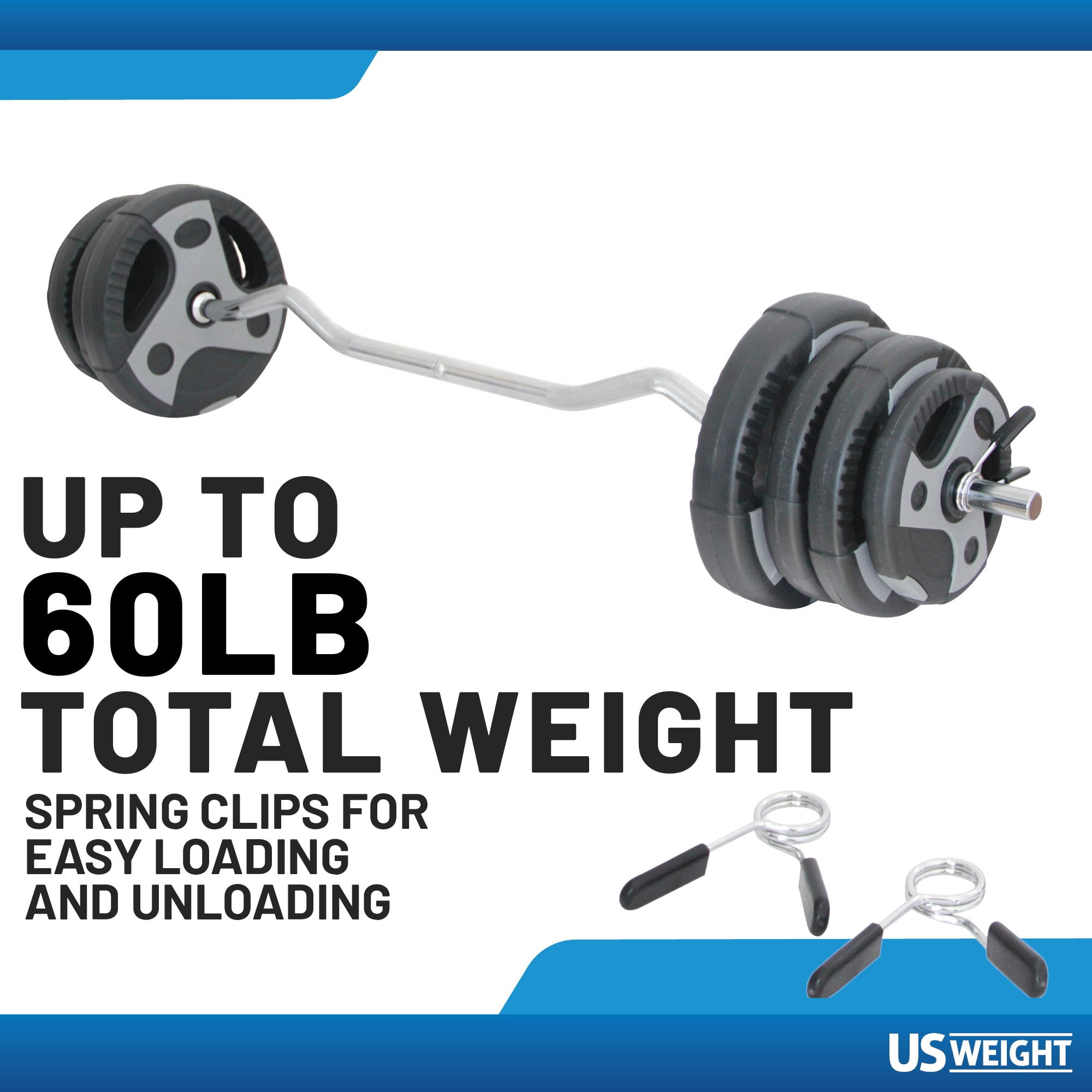 US Weight 60lb Curl Bar Weight Set with Spring Clips – Adjustable Workout Set for Home Gym