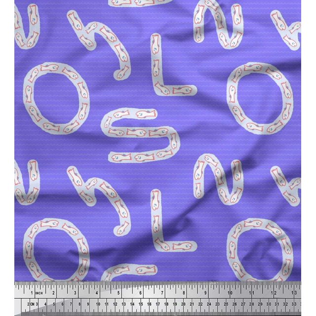 Soimoi Poly Georgette Fabric Alphabets,Waves & Fish Artistic Print Fabric by the Yard 52 Inch Wide