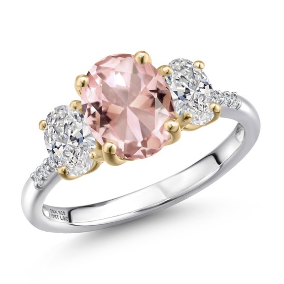 Gem Stone King 925 Silver and 10K Yellow Gold Peach Nano Morganite and DEF Lab Grown Diamond Engagement Ring for Women | 3.06 Cttw | Oval 9X7MM | October Birthstone | Size 8