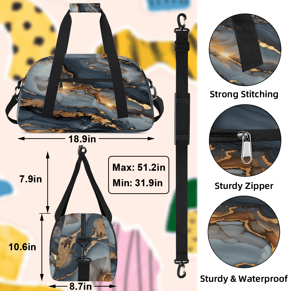 Herdesigns Art Black Glod Marble Sports Duffle Bag for Women & Men, Modern Gym Bag Dance Bag Overnight Bag Carry On Weekender Travel Bag