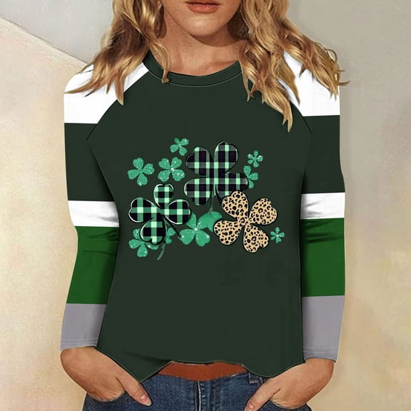 Cavosen St Patricks Day Long Sleeve Tops for Women Dressy Holiday Shamrock Green Print Tees Pullover Crewneck Festival Blouse Irish Vacation Fashion Tops Casual Tshirts M